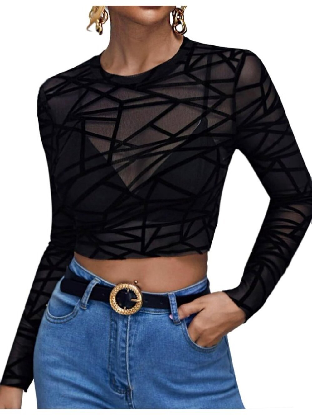 Women's B-Black Sexy Crop Top Mesh Long Sleeve See Through Clubwear Sheer